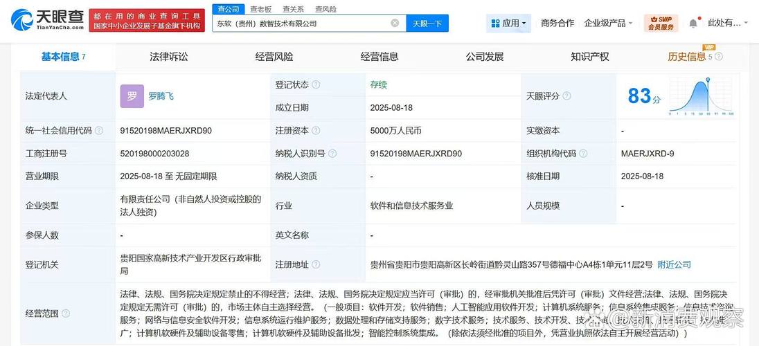 【#东软集团在贵州成立数智技术公司# 注册资本5000万】 天眼查工商信